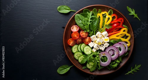 Fresh Greek Salad Ingredients Arranged on a Dark Slate Surface feta cheese tomatoes