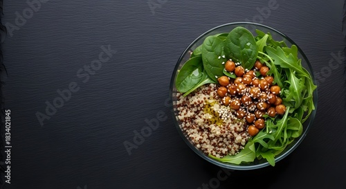 Quinoa Salad with Chickpeas, Spinach, and Arugula in Glass Bowl image photo