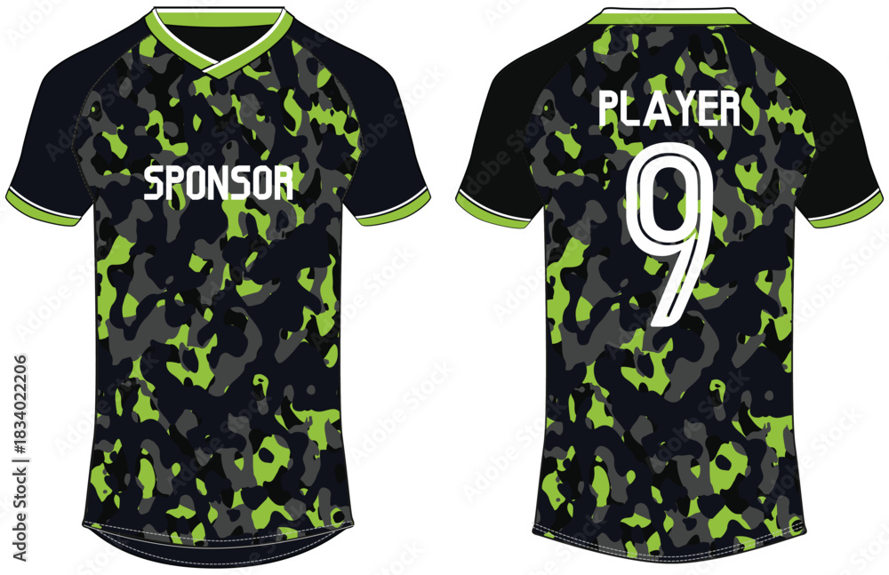Obraz premium Camouflage pattern Sports jersey t shirt design Flat sketch illustration , football jersey concept with front and back view for Cricket, soccer, Volleyball, Rugby, tennis and badminton uniform