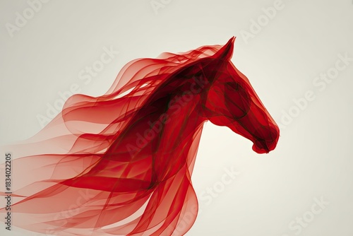 Horse head and neck formed by deep red flowing, transparent smoke or silk lines, emphasizing dramatic movement, speed and mystery. Perfect for high-end design or abstract art