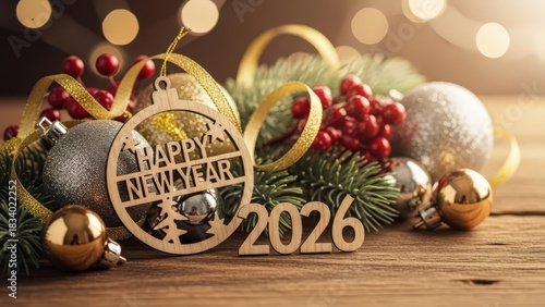Happy new year 2026 wooden ornament with festive holiday decorations and sparkling bokeh lights on rustic wood