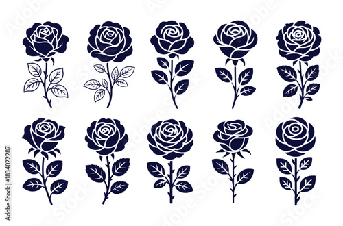 Rose flowers with stem and leaves. dark blue silhouettes. decorative floral elements on white background