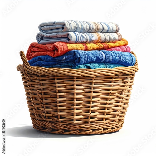 Colorful laundry basket filled with folded towels