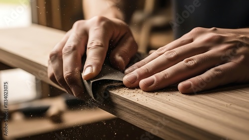 Hands shaping wood with sandpaper to achieve a smooth surface finish
