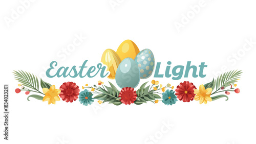 Decorative easter greeting with painted eggs spring flowers and foliage in a festive border design