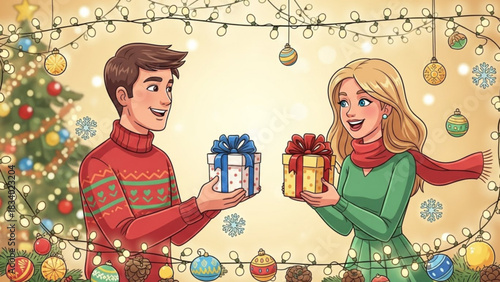 Joyful Christmas Gift Exchange with Animated Charm, Evoking Holiday Cheer and the Warmth of Giving Between a Couple in a Festive Home Setting