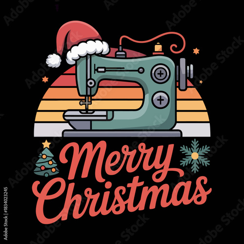 An illustration of a vintage sewing machine adorned with a Santa hat.