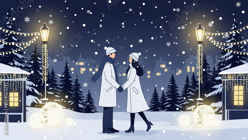 Romantic winter scene of couple holding hands in snowy town square, festive lights, Christmas trees, perfect for holidays, love, and seasonal greetings