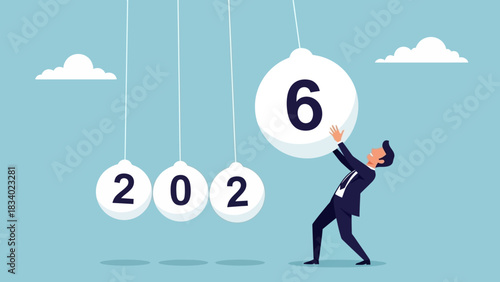 Conceptual illustration of a businessman initiating the year 2026 with a large pendulum, representing new beginnings, strategy, and change
