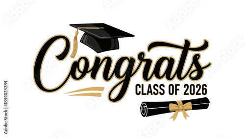 Elegant calligraphy design for the Class of 2026 graduation celebration. Vector graphic with a cap and diploma scroll