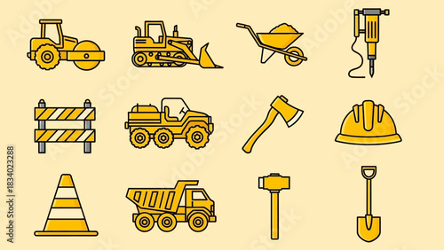 A set of yellow construction industry icons. Vector illustration of building equipment, work tools, and heavy machinery symbols
