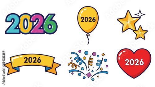 Set of colorful 2026 New Year celebration icons, including festive elements like a balloon, banner, heart, and confetti for party decorations
