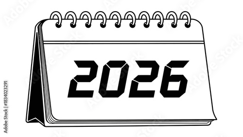 Monochrome vector icon of a tear-off desk calendar showing the year 2026. A simple graphic for planning and scheduling future events