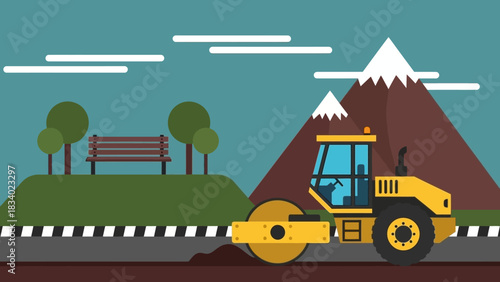 A yellow road roller compacts a new asphalt road in a scenic landscape with mountains and a park