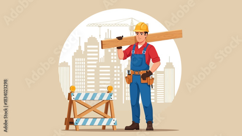 Professional construction worker character carrying a wooden plank on a job site with an urban city skyline and crane in the background