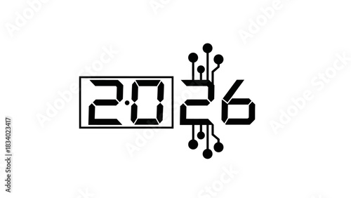Futuristic 2026 New Year concept with digital display and electronic circuit elements. Modern vector illustration