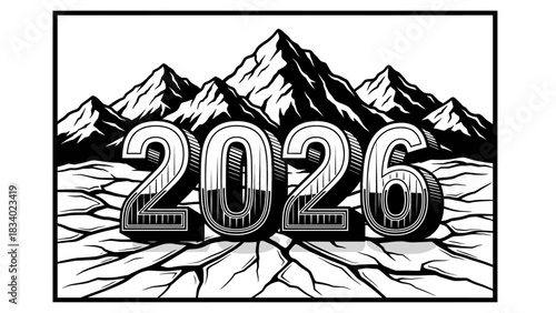 Bold 2026 text with 3D effect set against a mountain range and cracked earth landscape in a black and white vector illustration style