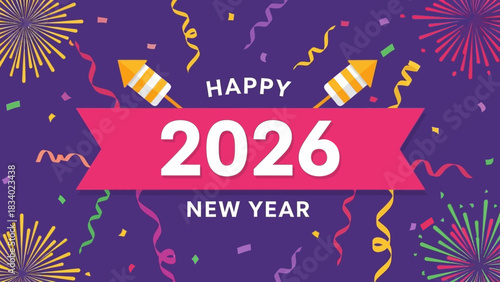 Happy New Year 2026 greeting banner with festive fireworks and celebration confetti on a purple background vector illustration