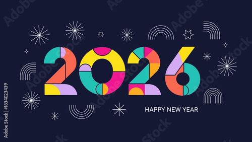 Colorful geometric 2026 Happy New Year greeting card banner with abstract shapes and fireworks on a dark background