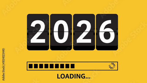 The year 2026 is loading. Creative concept with a flip clock display and a progress bar showing anticipation for the upcoming new year