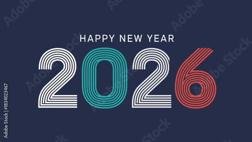 Happy New Year 2026 greeting card design with modern typography. Colorful numbers made of parallel lines on a dark background