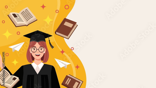 A joyous female graduate in academic regalia celebrates her university commencement, surrounded by books and symbols of knowledge and success
