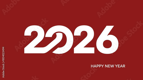Creative Happy New Year 2026 logo design. Modern white typography for a festive holiday greeting on a red background