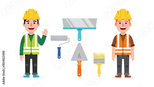 Set of friendly construction worker characters with essential tools for building, painting, and home renovation