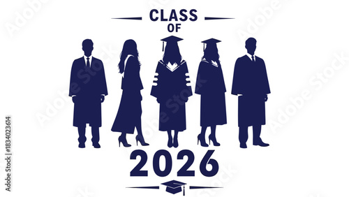 Silhouette of graduates for the Class of 2026 celebration. Vector graphic illustration of a commencement ceremony with caps and gowns