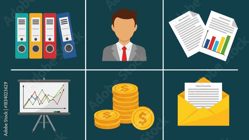 Collection of flat business management icons for financial planning, corporate strategy, and future growth analysis