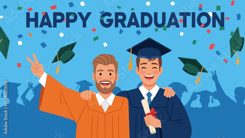 Two male friends or students celebrating their graduation day with confetti and a diploma. Vector illustration of a university commencement ceremony