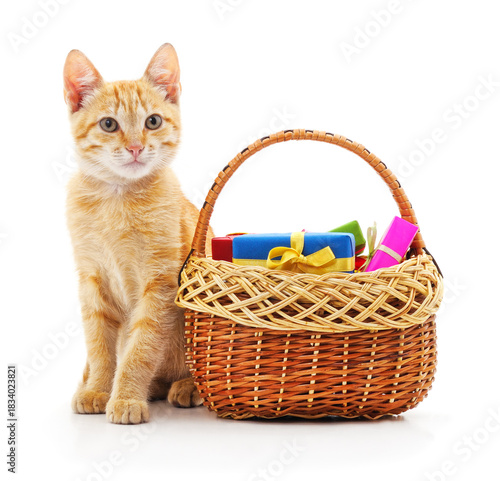 Ginger cat sitting beside a basket filled with gift boxes.
