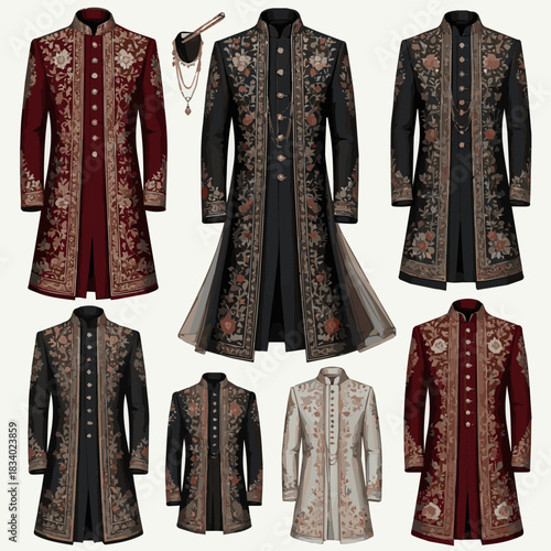 Create a various designs of wedding Sherwani vector art with a white background.