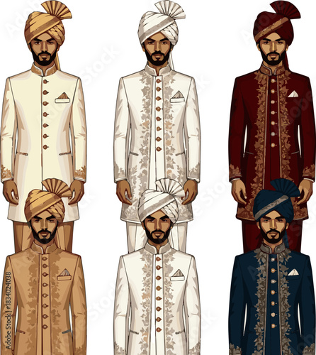 Create a various designs of wedding Sherwani vector art with a white background.