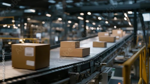 A delivery sorting facility running through the night with conveyor belts moving packages and scanners beeping rhythmically — continuous e-commerce fulfillment, rapid logistics, and high-volume