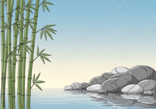 Serene zen garden illustration with bamboo stalks, smooth stones and calming waterscape under a pastel blue sky