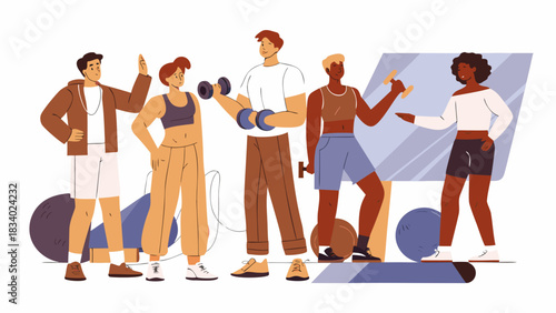 A group of diverse people exercising with dumbbells and fitness balls in a gym environment setting