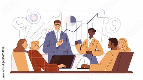 Business meeting with team members around table and presentation with graph and pie chart behind them