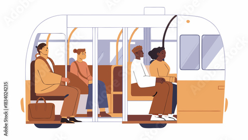 Illustration of people sitting inside a modern train car with large windows and comfortable seating style