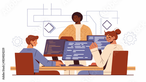 Three people working at computers with diagrams and gears in the background creating software code