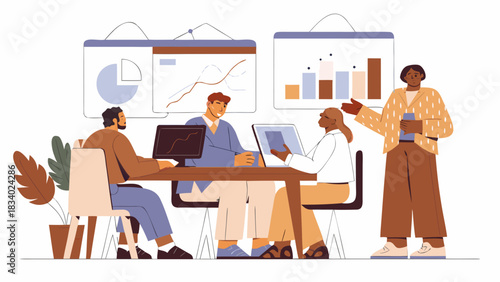 Illustration of a business meeting with a presenter and three attendees discussing charts and graphs