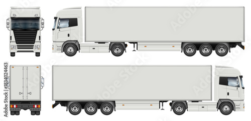 Semi trailer truck vector mockup, view from the side, front and rear. Perfect for vehicle branding, advertising, or corporate identity. All elements in the groups on separate layers.