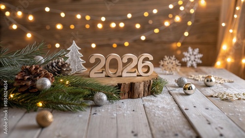 2026 on Wooden Board with Festive Decorations and Falling Snow - 1