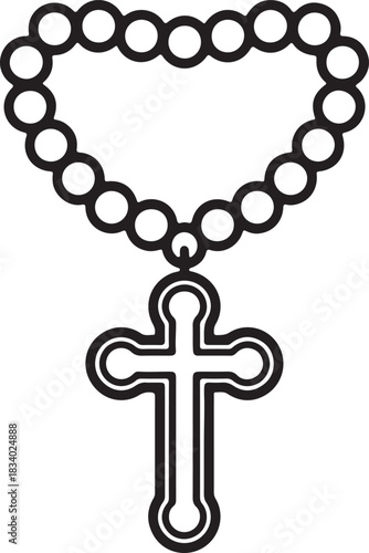 Rosary vector outline with traditional Catholic cross icon for spiritual and religious themes
