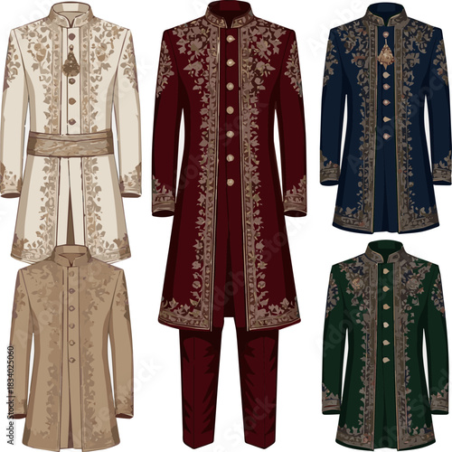 Create a various designs of wedding Sherwani vector art with a white background.