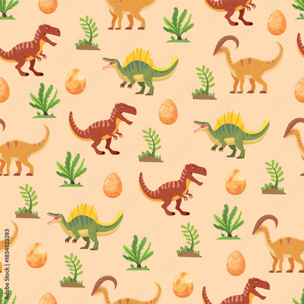 Obraz premium Dinosaurs seamless pattern. Flat vector clipart, illustration with isolated background.