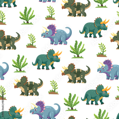 Dinosaurs seamless pattern. Flat vector clipart, illustration with isolated background.