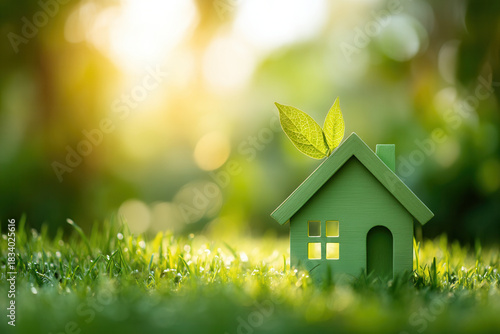 Green model house with leaf on roof symbolizes real estate property and sustainable living in sunlit garden