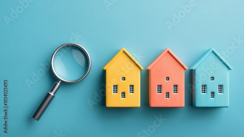 Real estate property search concept with magnifying glass and colorful small wooden house models evoking careful decision