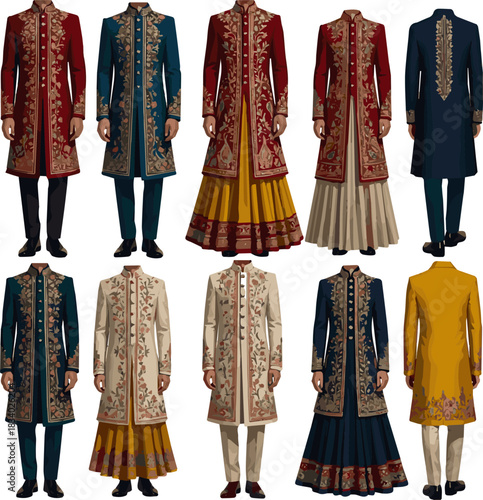 Create a various designs of wedding Sherwani vector art with a white background.